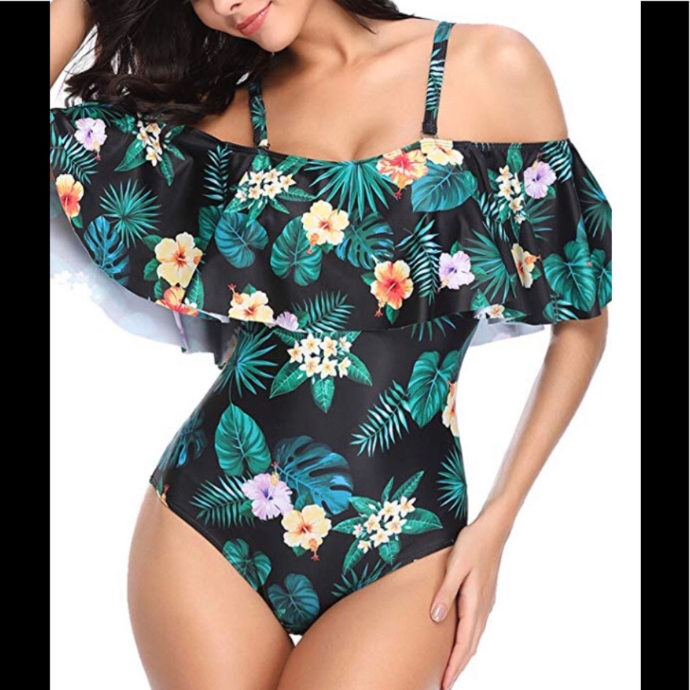 One Piece Vintage Off Shoulder Ruffled Swimsuit